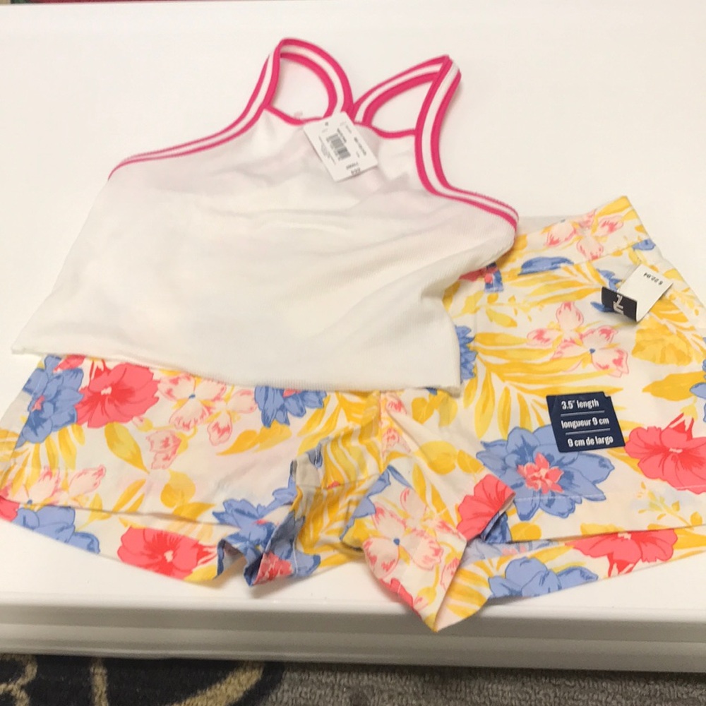 Old navy floral shorts and halter crop top.